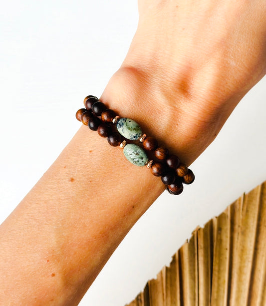 The Serene Forest" gemstone bracelet, a harmonious blend of Kambaba Jasper and the grounding essence of Sandalwood.