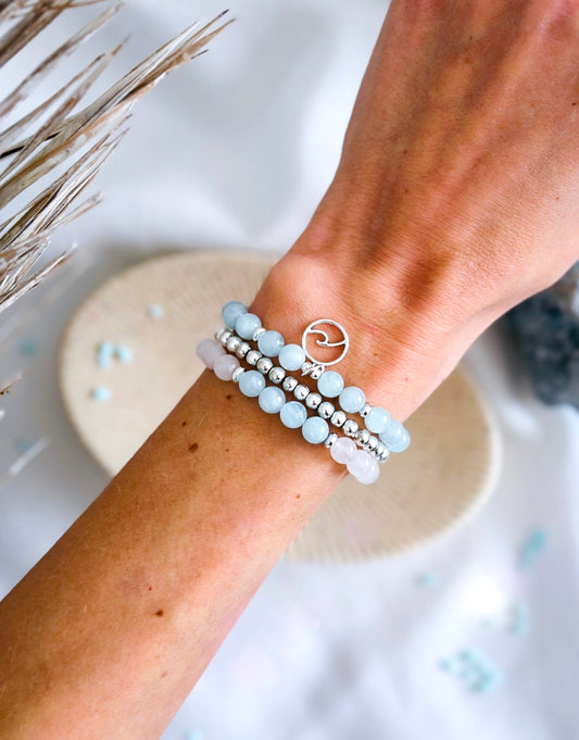 A set of aquamarine jewelry, The Flow Set, designed to promote clarity, calm, and effortless energy. The set features soothing blue gemstones, perfect for Pisces or anyone drawn to serene, ocean-inspired vibes.