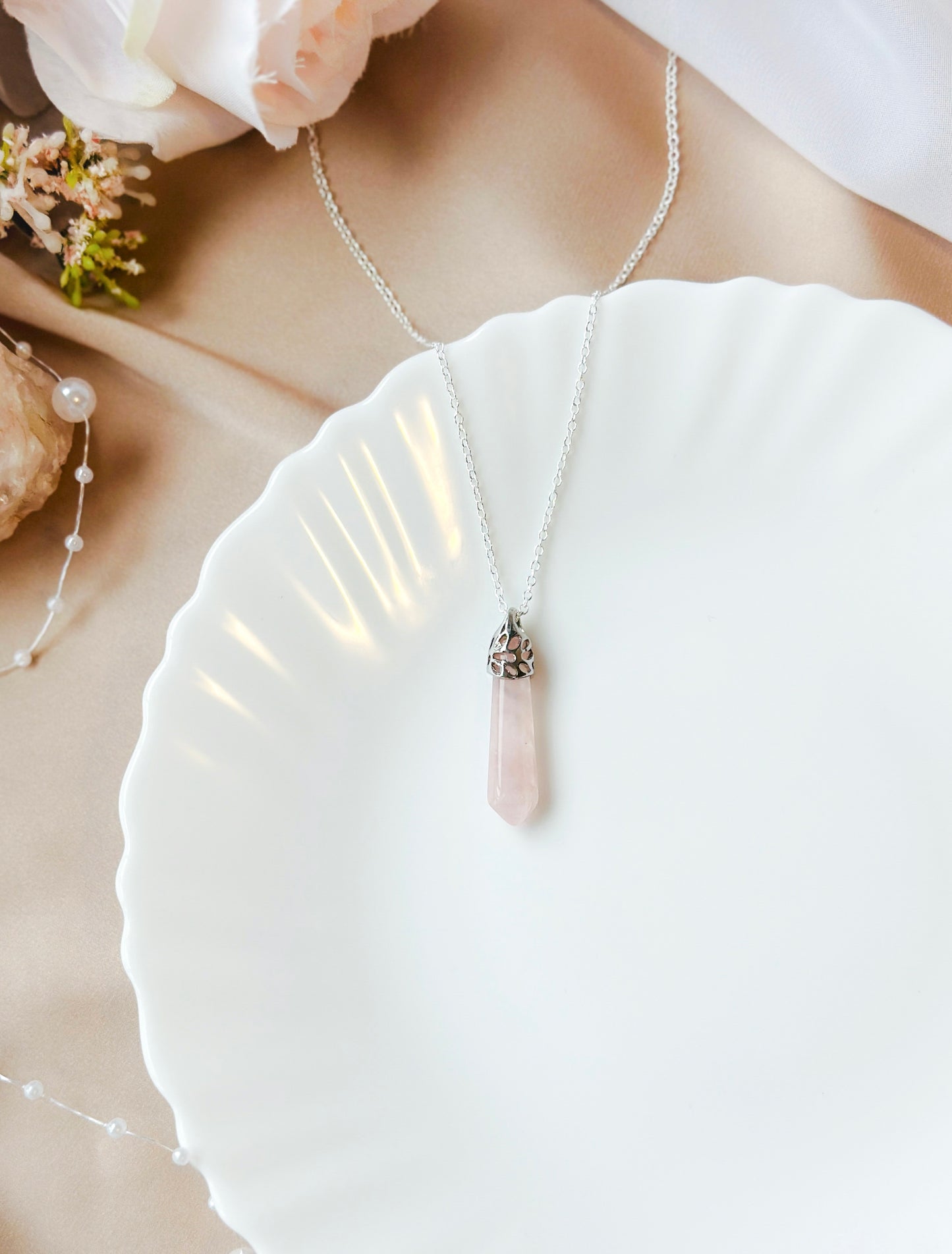 sterling silver rose quartz pendant necklace