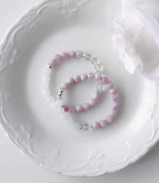 Kunzite, White Jade, and Clear Quartz Bracelets