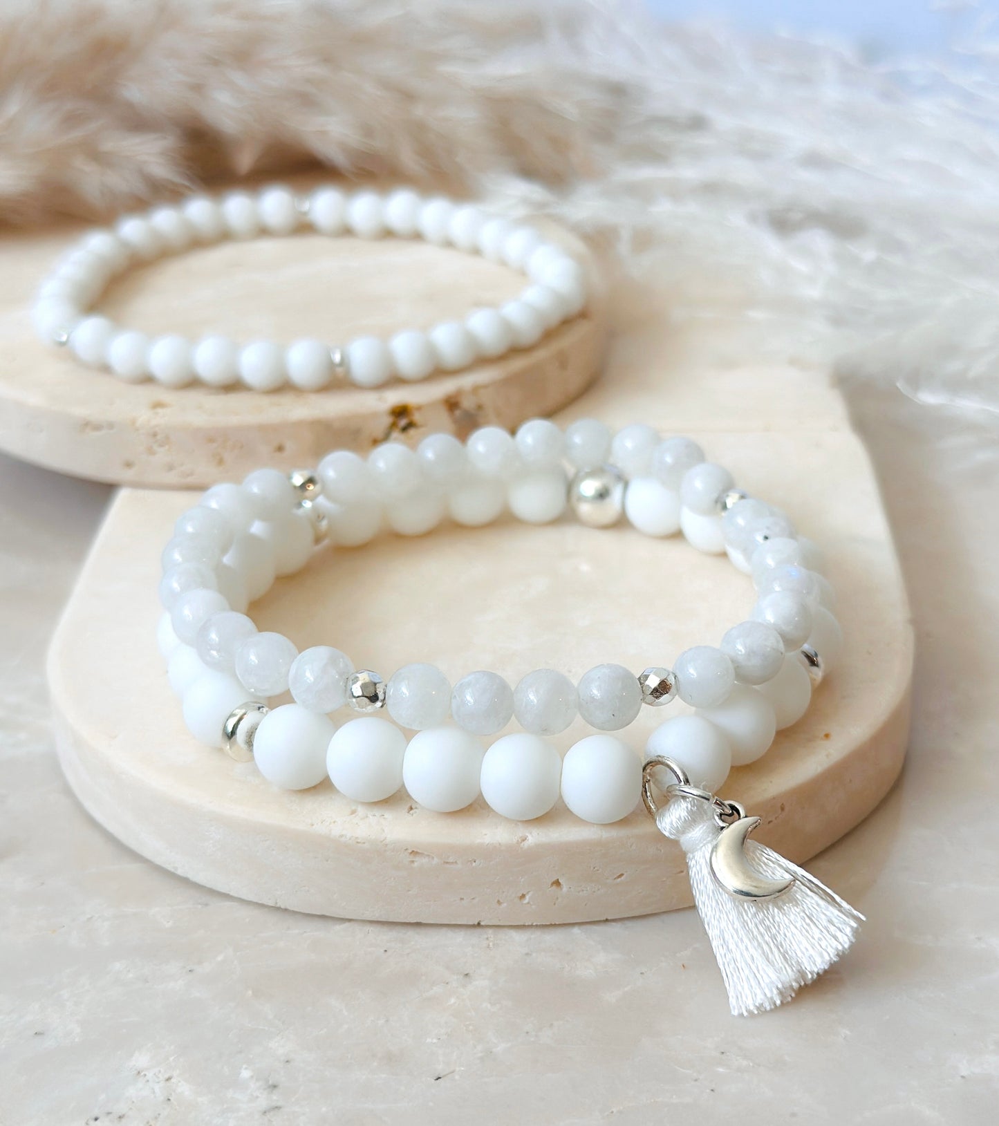 White Agate bracelet set, thoughtfully crafted with White Agate and Moonstone gemstones.