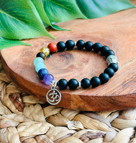 Gemstone bracelet Created with Matte Onyx and Chakra gemstones and a Om charm