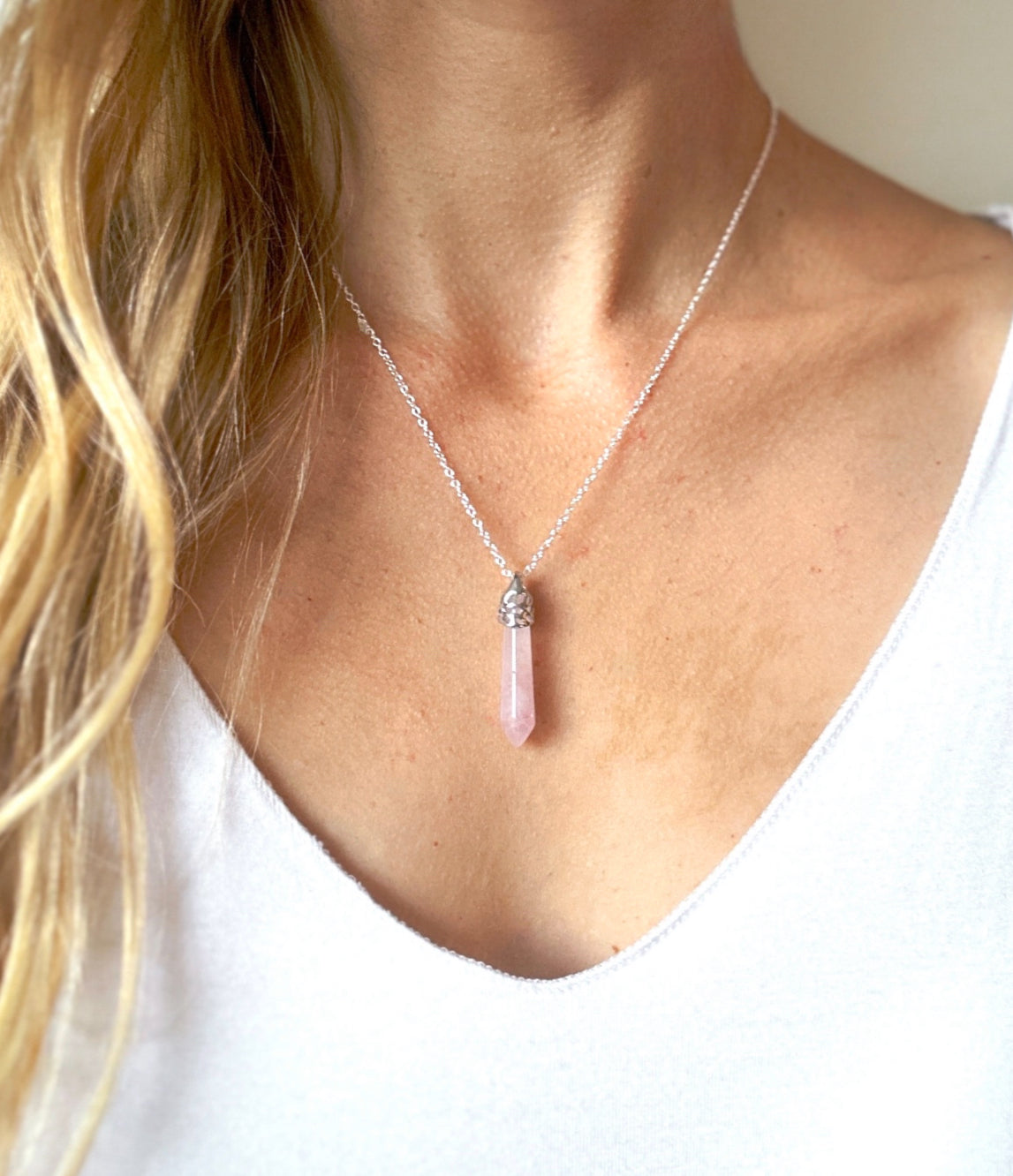 The Rose Quartz Pendant necklace.