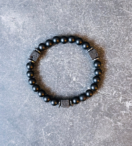 mens gemstone bracelet created with Matte Onyx, Lava Rock