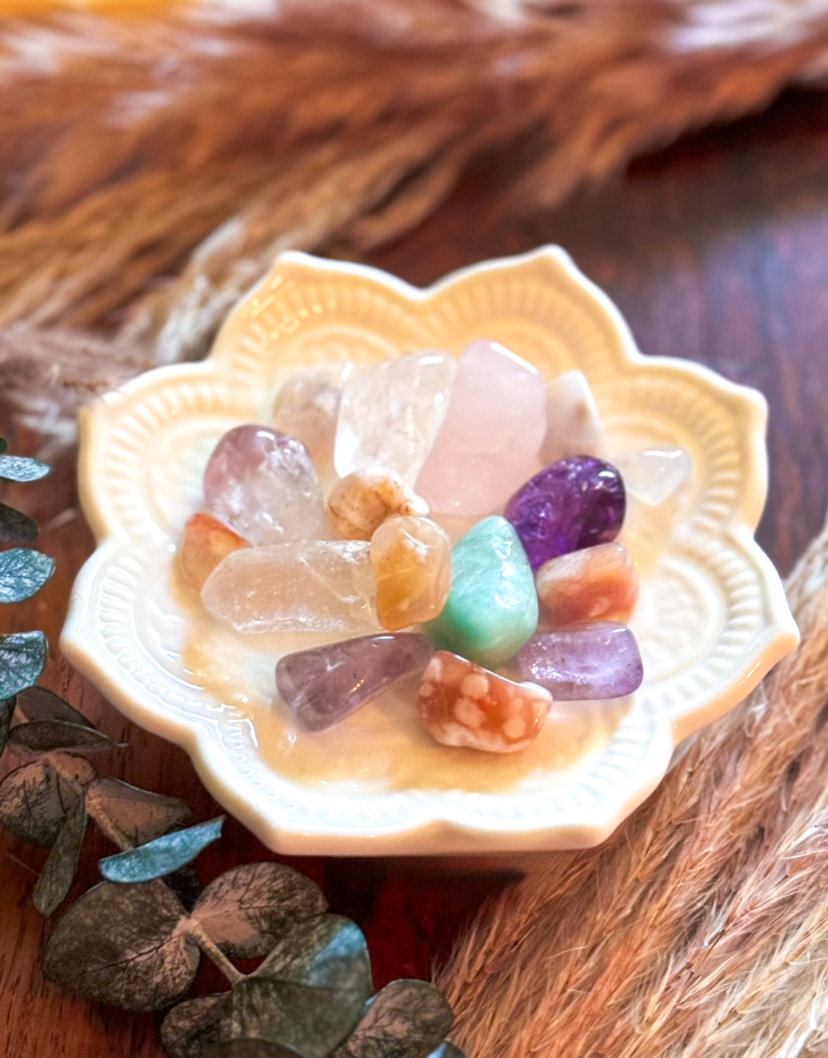 Decorative shell with multicolored stones on a wooden surface