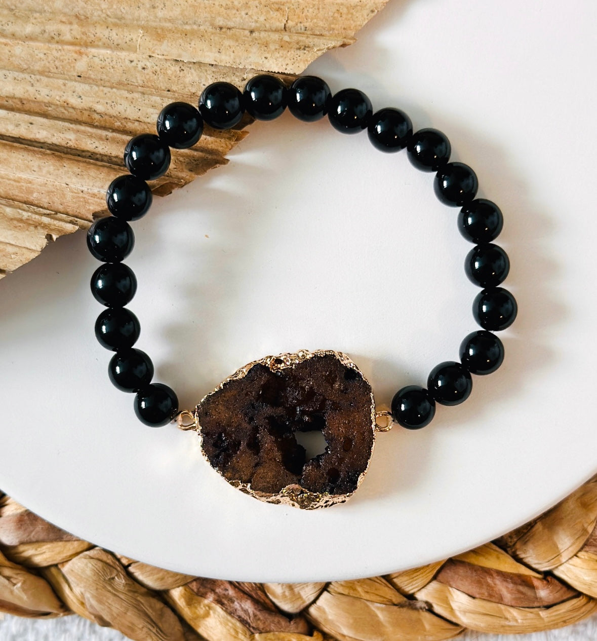 Brown Druzy agate Connector with Black Tourmaline Gemstone Bracelet