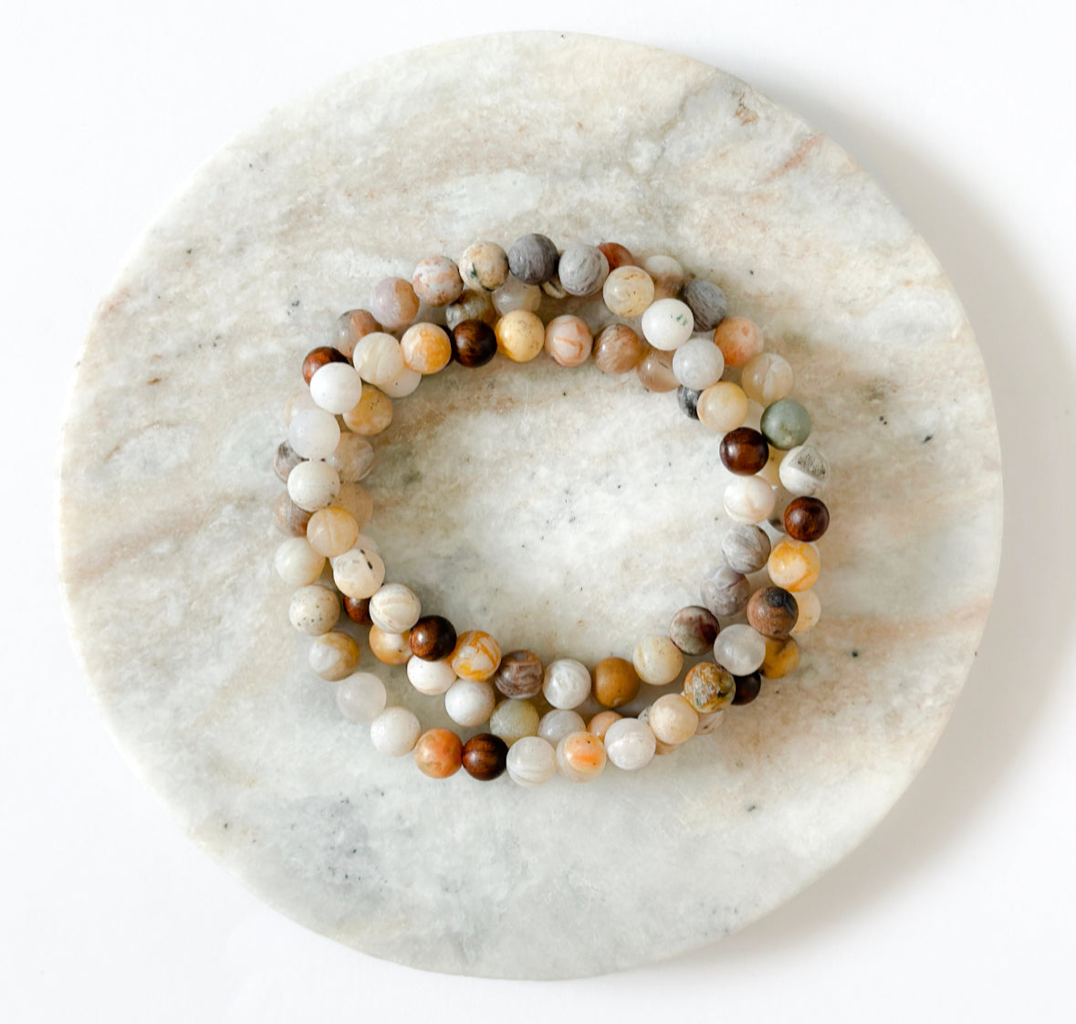 Gemstone wrap bracelet created with Bamboo Leaf Agate and Sandalwood