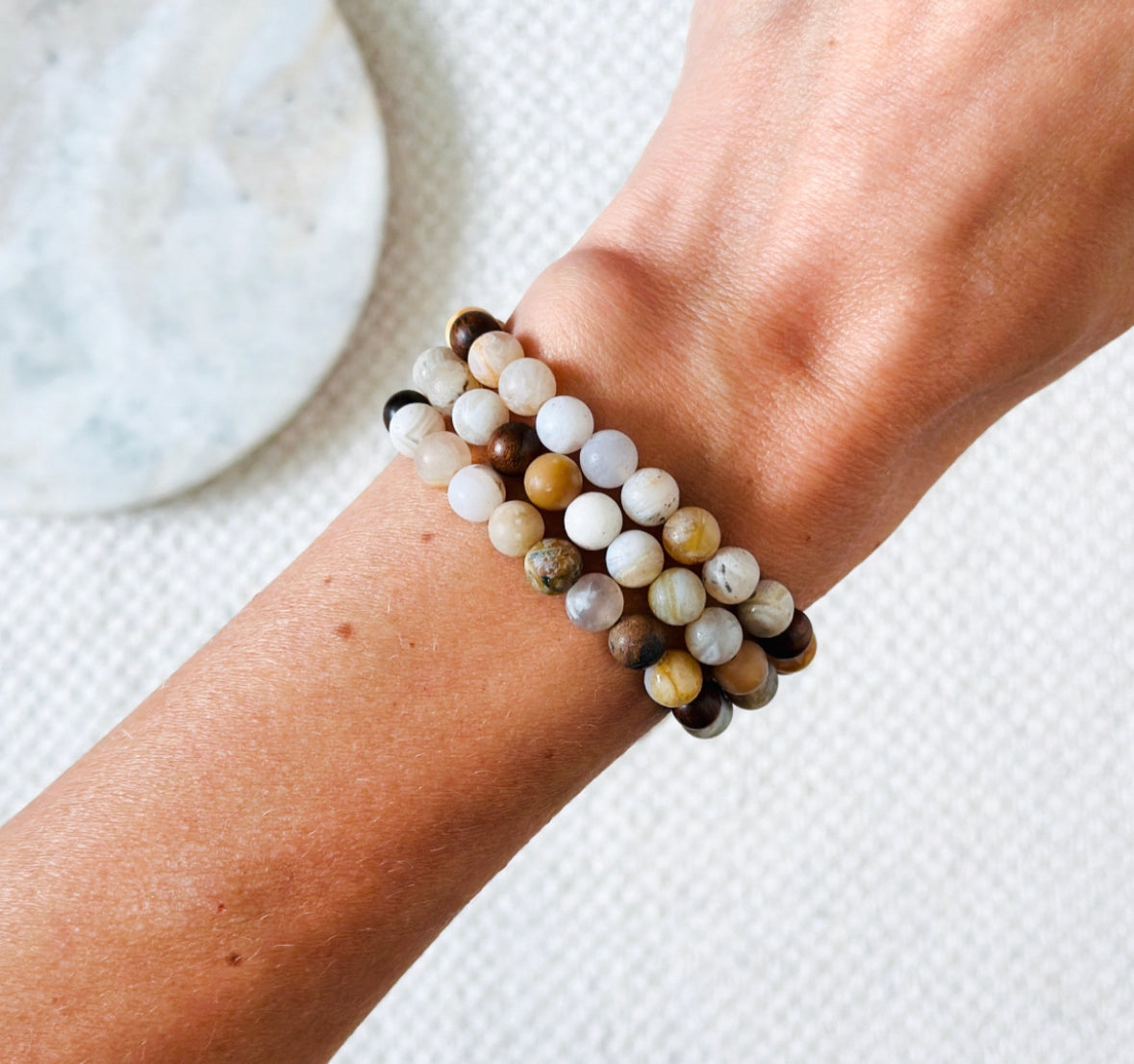 Gemstone wrap bracelet created with Bamboo Leaf Agate and Sandalwood