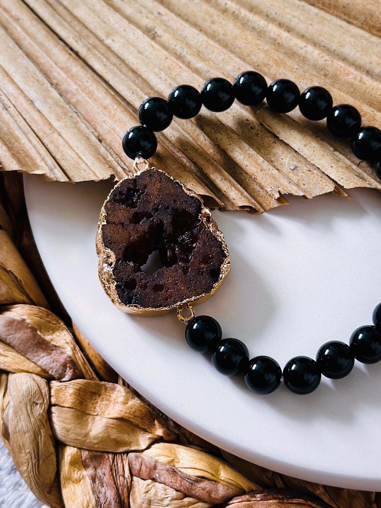 Brown Druzy agate Connector with Black Tourmaline Gemstone Bracelet