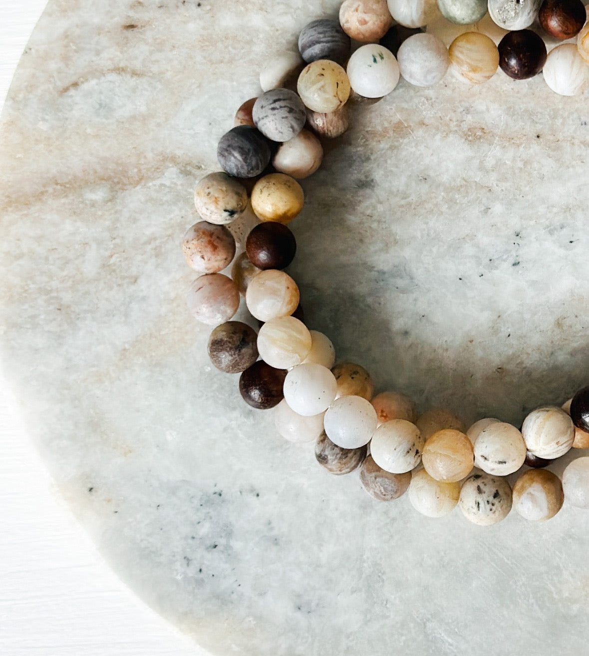 Gemstone wrap bracelet created with Bamboo Leaf Agate and Sandalwood