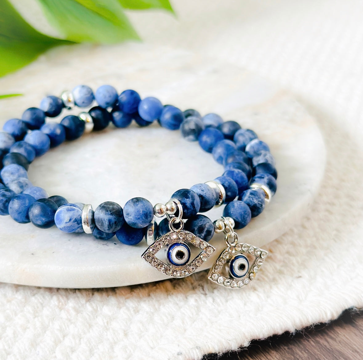 Anxiety relief gemstone Sodalite bracelet with Evil Eye Charm