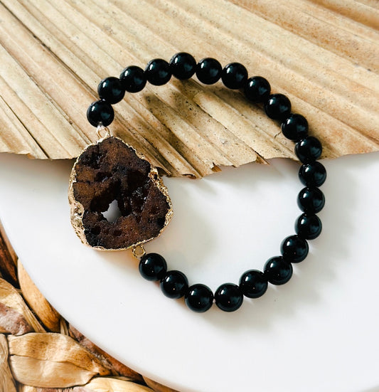 Brown Druzy agate Connector with Black Tourmaline Gemstone Bracelet
