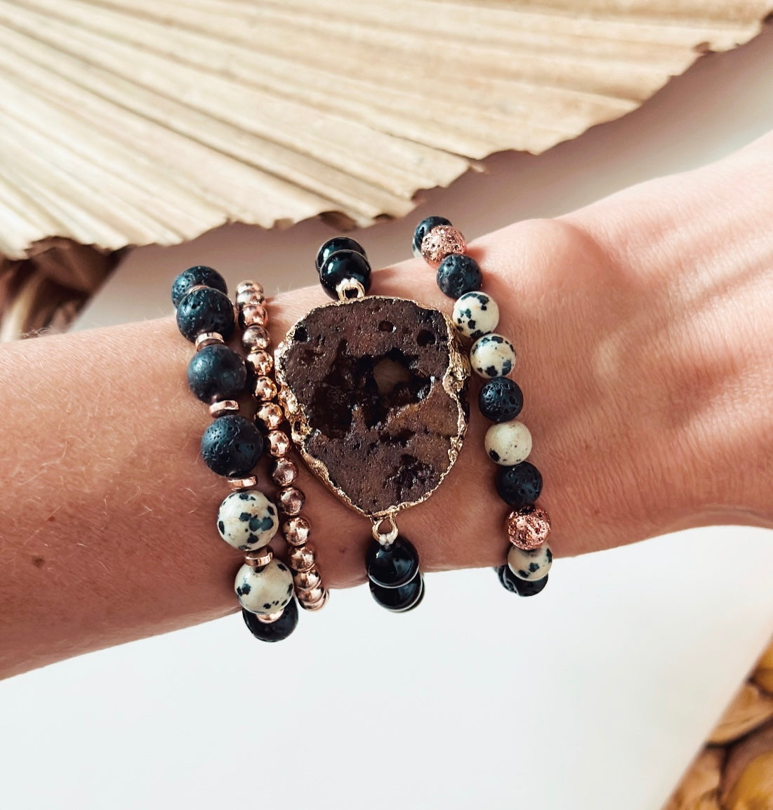 Brown Druzy agate Connector with Black Tourmaline Gemstone Bracelet stacking set with Dalmatian Jasper and Lava Rock Diffuser bracelet