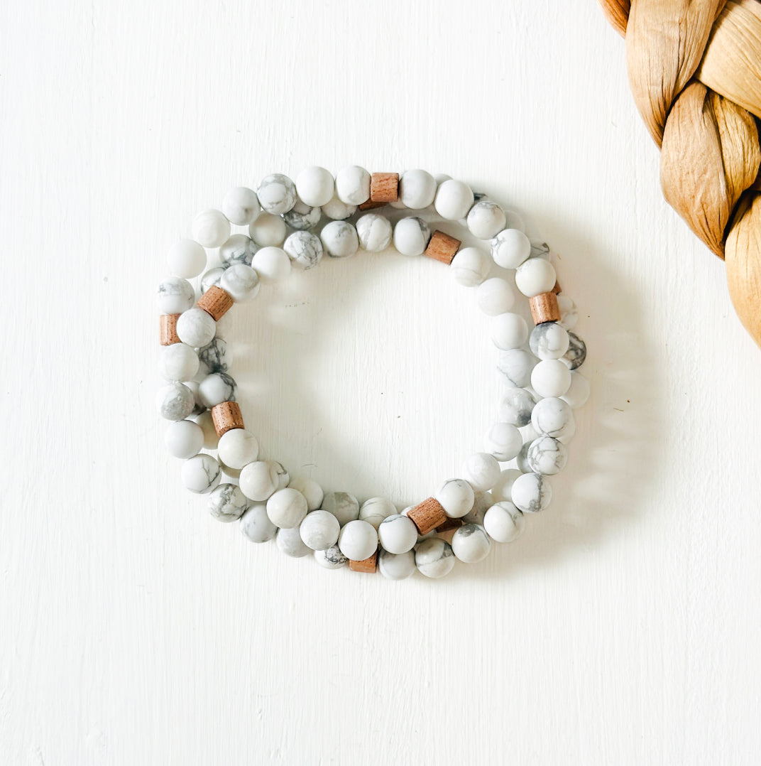 Matte Howlite gemstone wrap bracelet paired with Rosewood Rondelle beads for calming stress