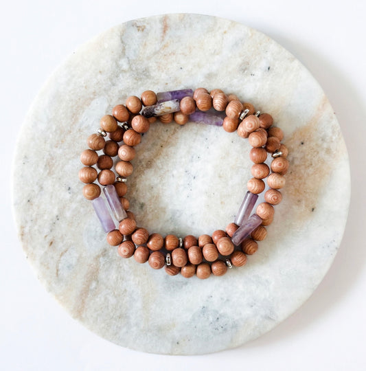 Rosewood wrap bracelet with Amethyst tube beads