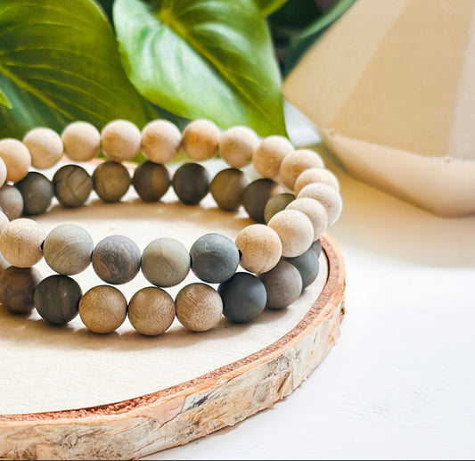 Unisex Stacking gemstone bracelets created with Matte Silver Leaf Jasper and Matte Beechwood