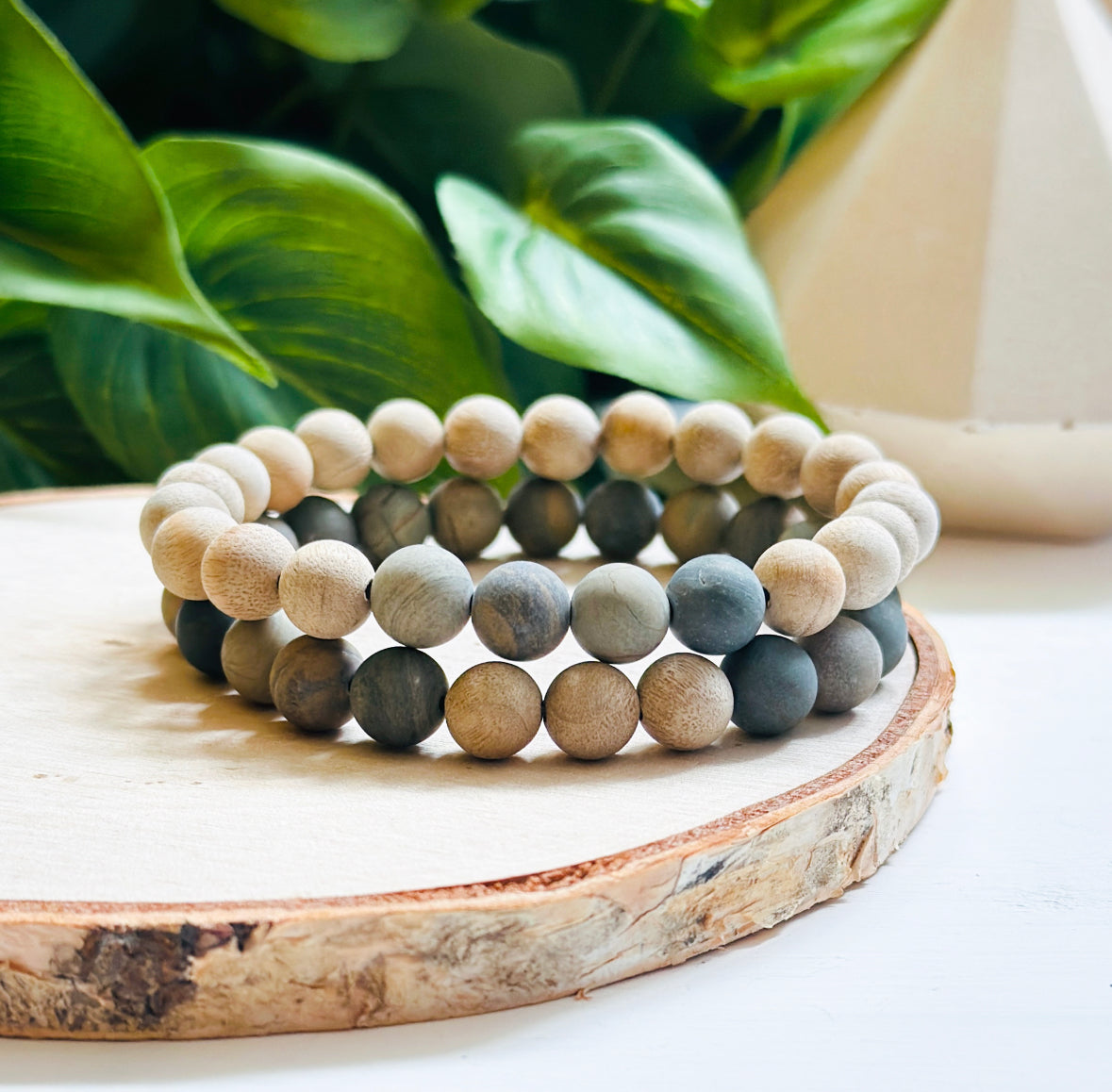 Unisex Stacking gemstone bracelets created with Silver Leaf Jasper and Beechwood
