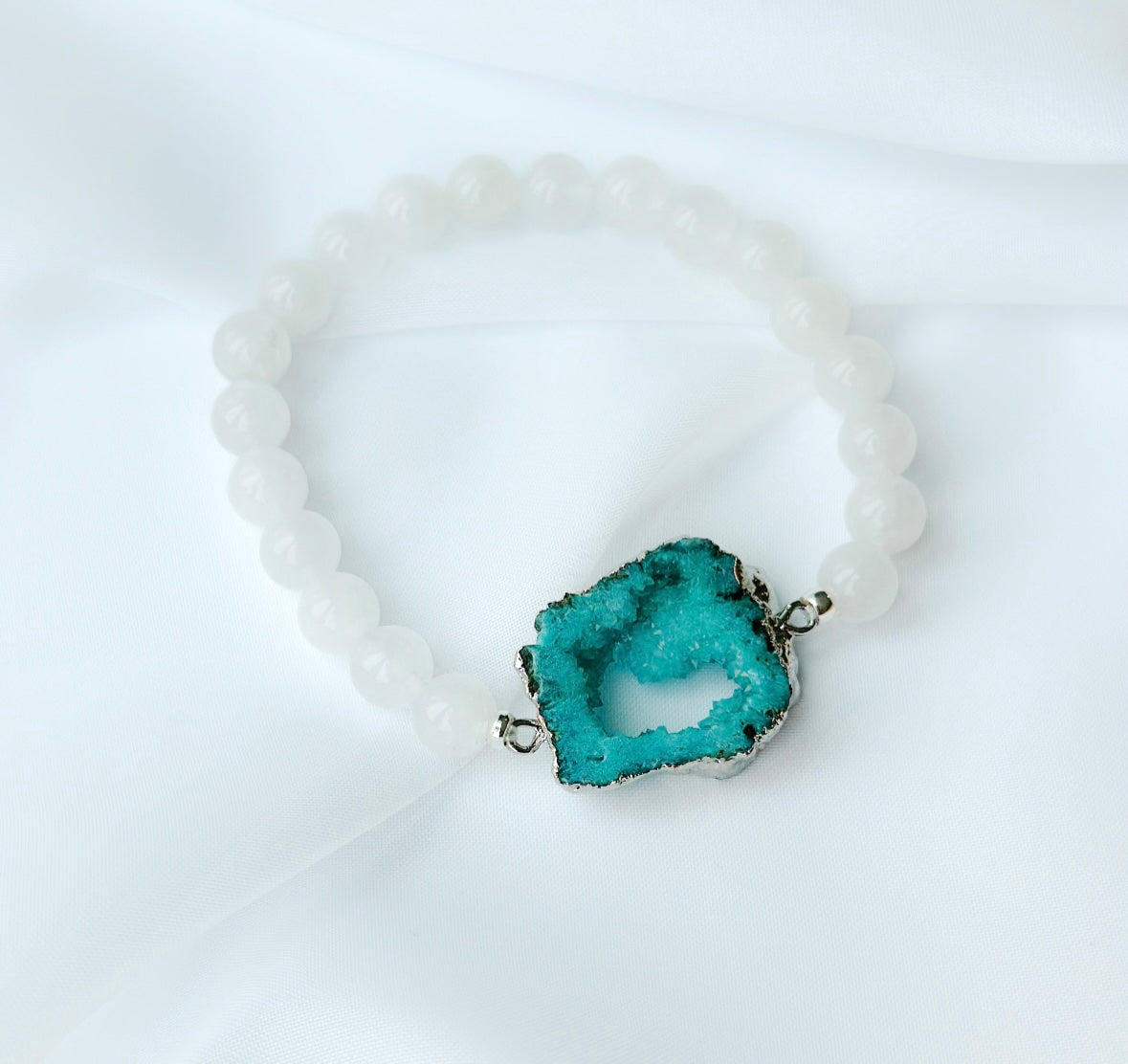 Blue Druzy Agate Gemstone connector bracelet with white jade