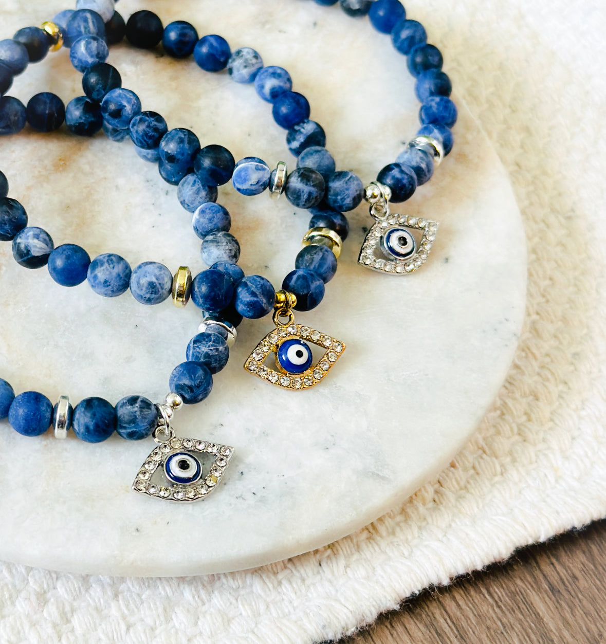 Anxiety relief gemstone blue sodalite bracelet with Evil Eye Charm