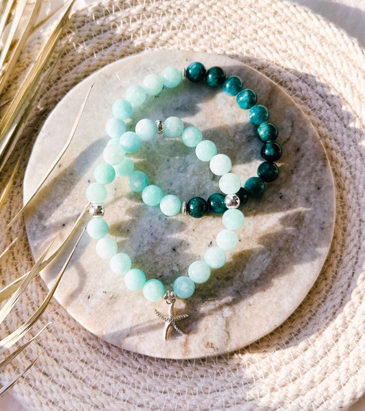 Teal Jade gemstone bracelets with silver starfish charm