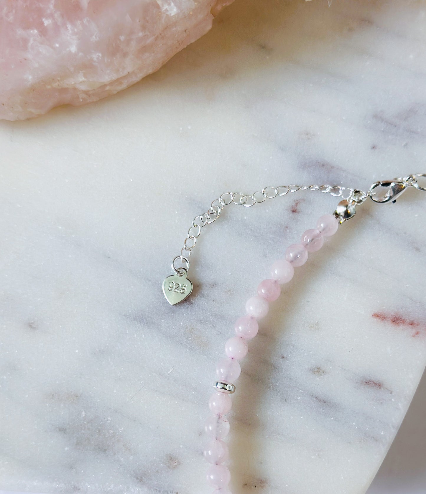 Rose Quartz Anklet with silver heart charm and sterling silver adjustable clasp canada