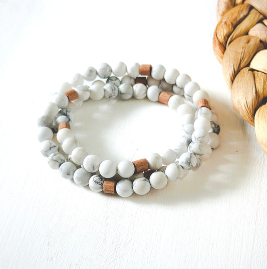 Matte Howlite gemstone wrap bracelet paired with Rosewood Rondelle beads for calming stress