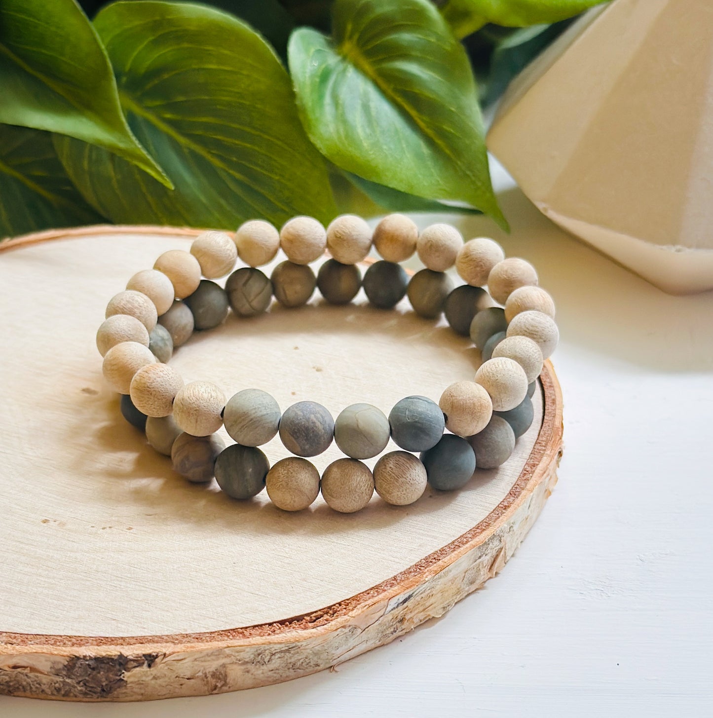 Mens Stacking gemstone bracelets created with Matte Silver Leaf Jasper and Matte Beechwood