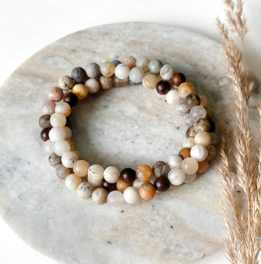 Gemstone wrap bracelet created with Bamboo Leaf Agate and Sandalwood