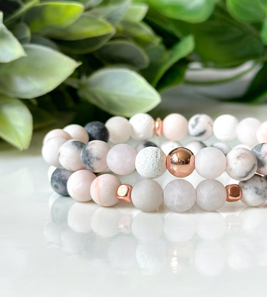beautiful gemstone bracelet set features Pink Zebra Jasper and Mauve and White Lava Rock beads and Matte Rose Quartz.