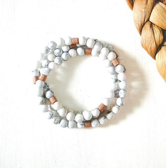 Matte Howlite gemstone wrap bracelet paired with Rosewood Rondelle beads for calming stress