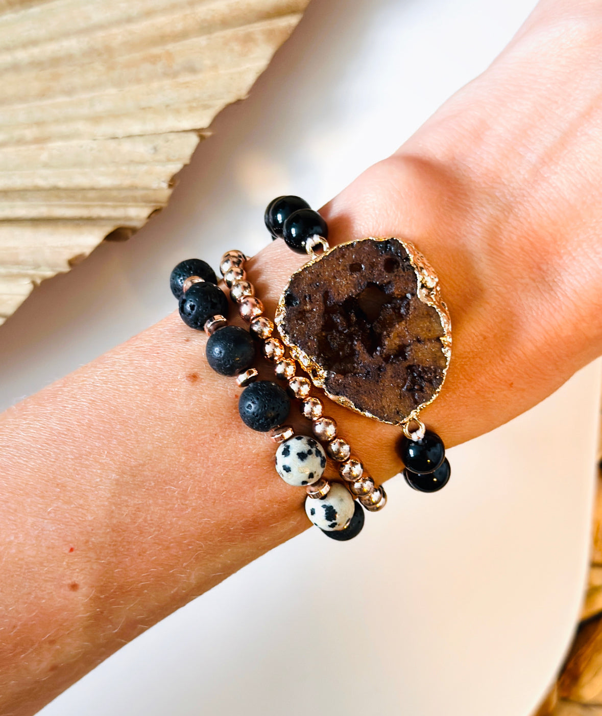 Brown Druzy agate Connector with Black Tourmaline Gemstone Bracelet