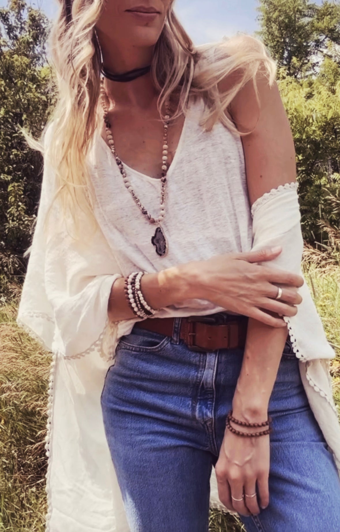 boho model wearing Druzy Agate Geode Gemstone Necklace