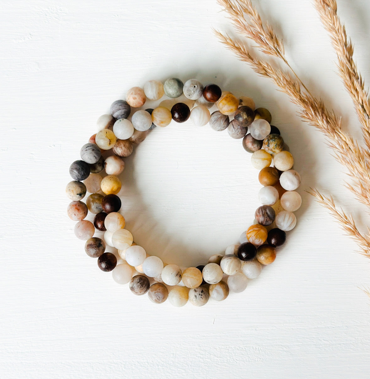 Gemstone wrap bracelet created with Bamboo Leaf Agate and Sandalwood