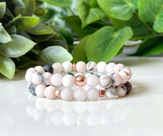 beautiful gemstone bracelet set features Pink Zebra Jasper and Mauve and White Lava Rock beads and Matte Rose Quartz.