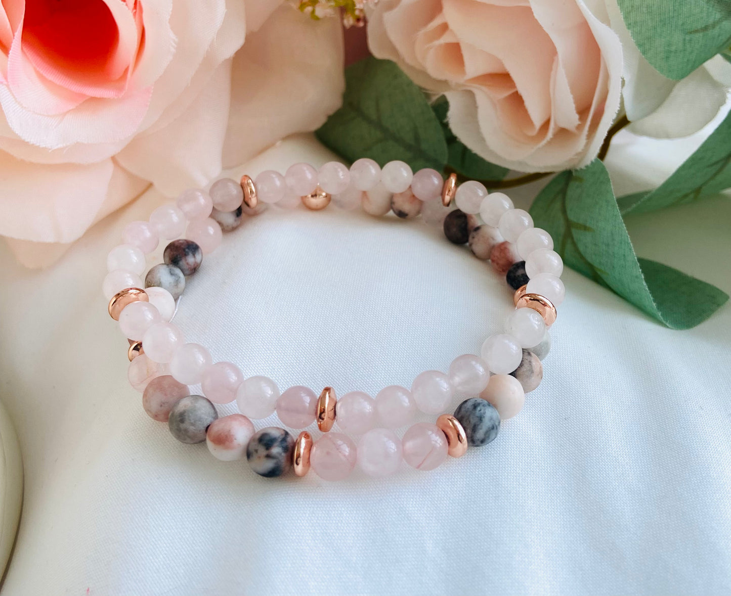 Pink Zebra Jasper and Rose Quartz Stacking Sets.