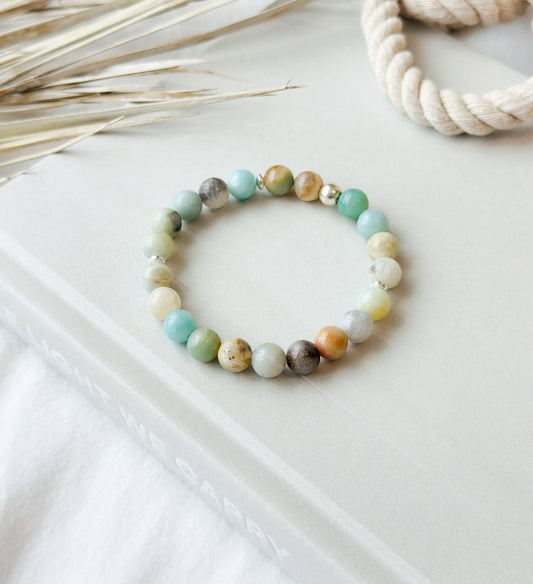 The "Serene Jungle" bracelet, a masterfully crafted piece adorned with Amazonite gemstones, renowned for their healing properties.