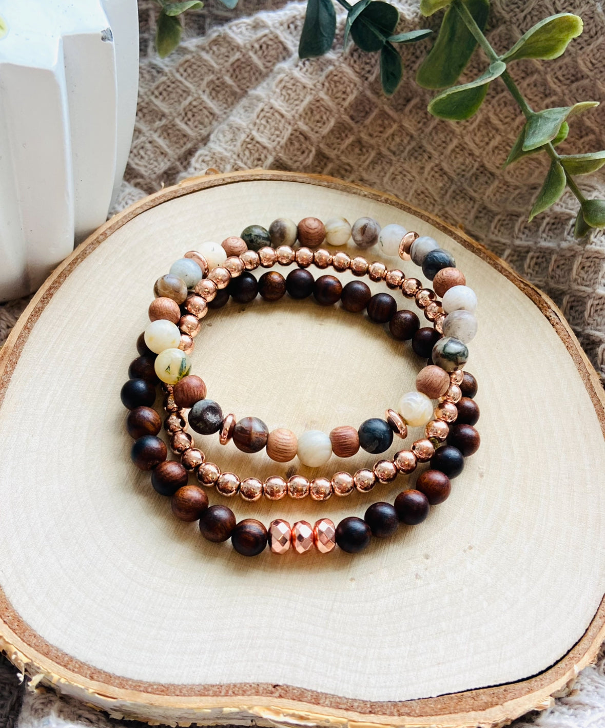 Natures zen stacking gemstone bracelet set Bamboo leaf agate and sandalwood 