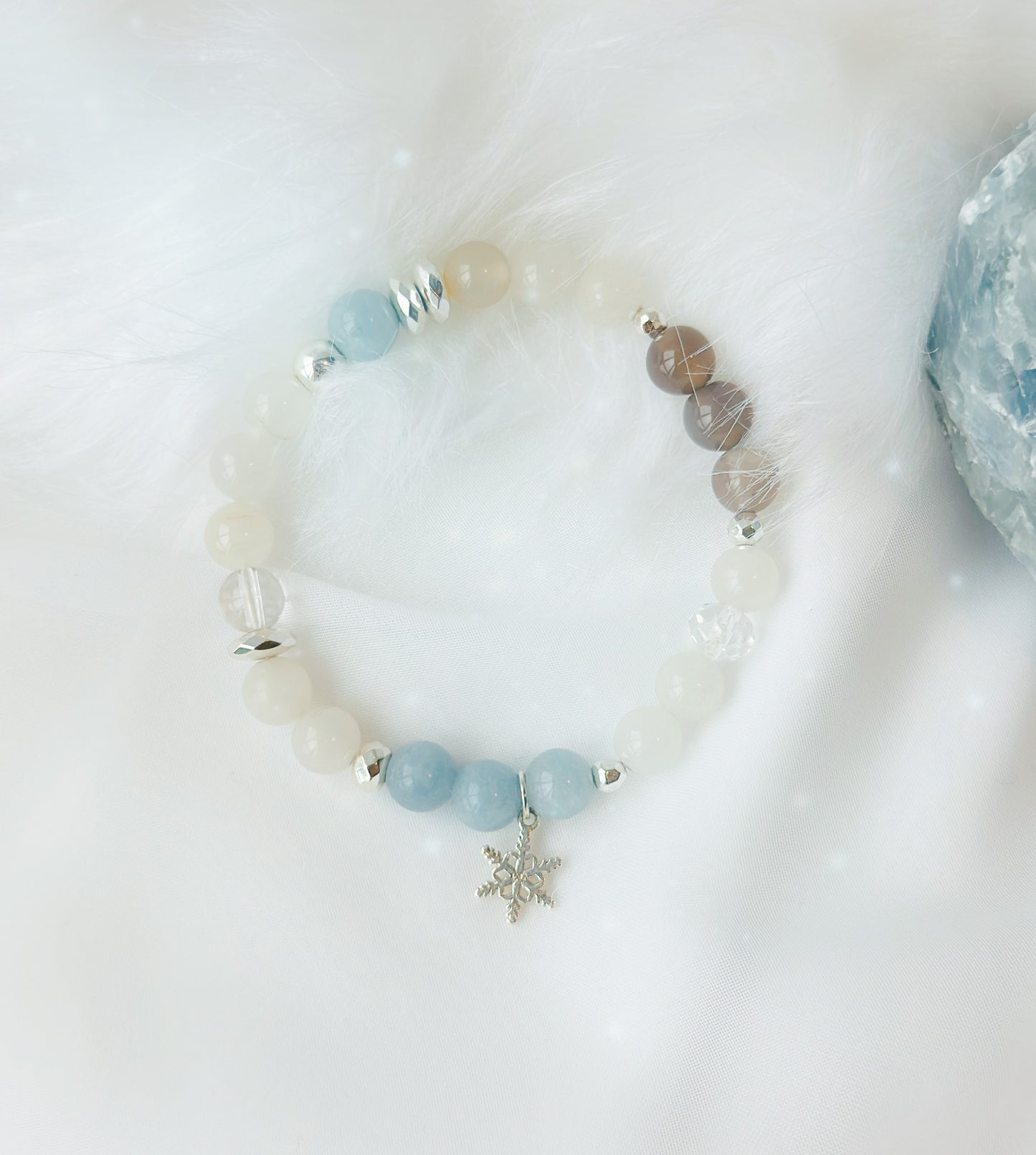 Snowflake Gemstone Bracelet Set, meticulously crafted with Aquamarine, White Jade, and a sterling silver snowflake charm. ❄️