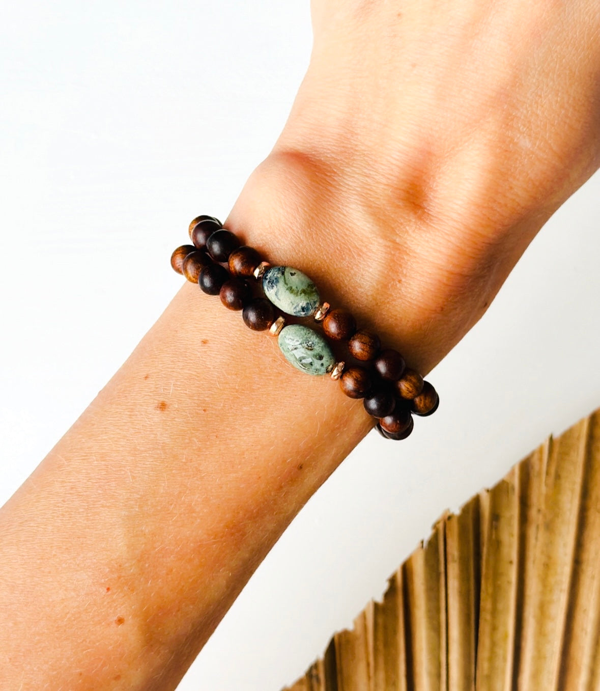 The Serene Forest" gemstone bracelet, a harmonious blend of Kambaba Jasper and the grounding essence of Sandalwood.  