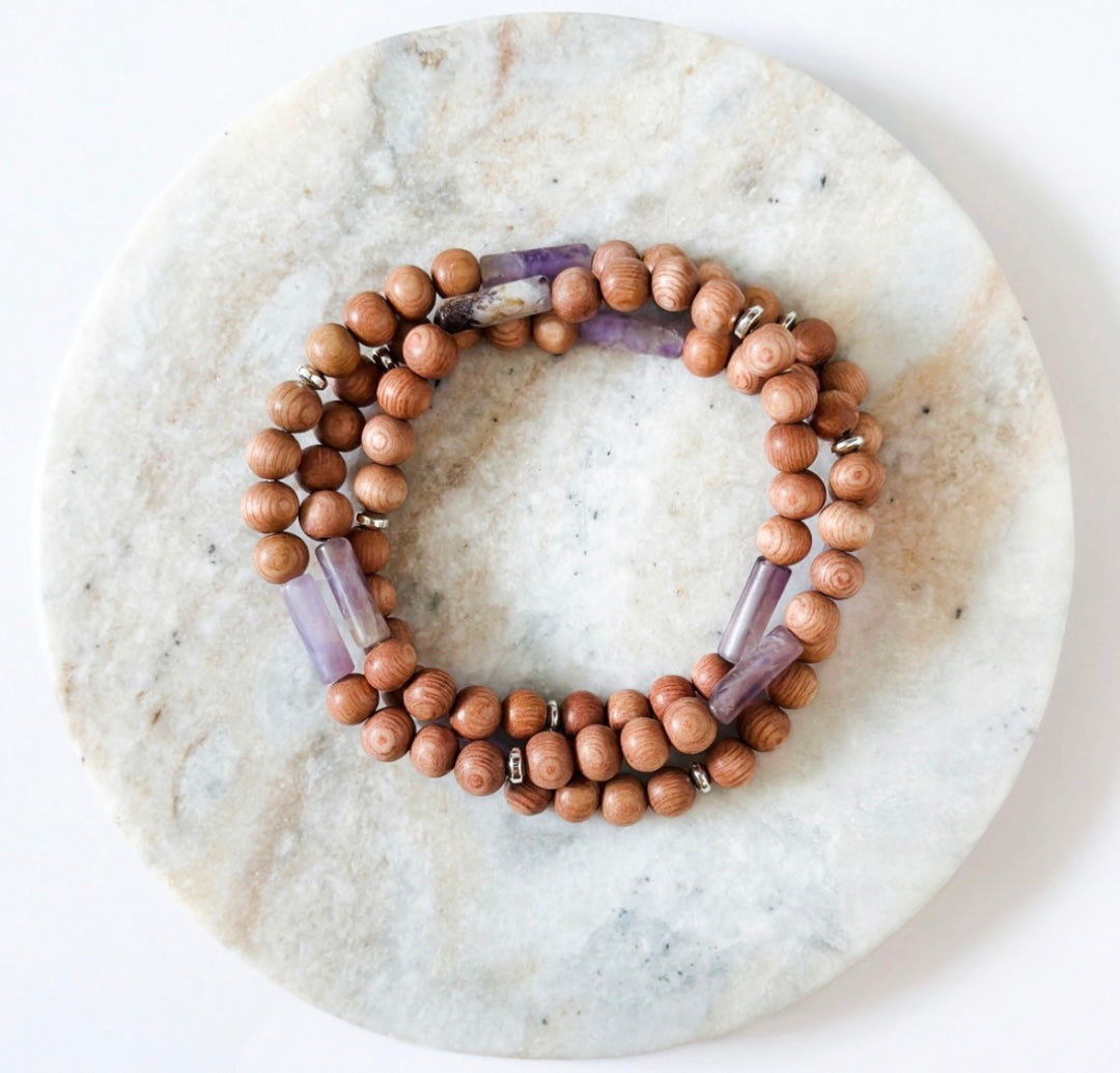 Wrap bracelet created with Rosewood beads and Amethyst tube gemstone beads