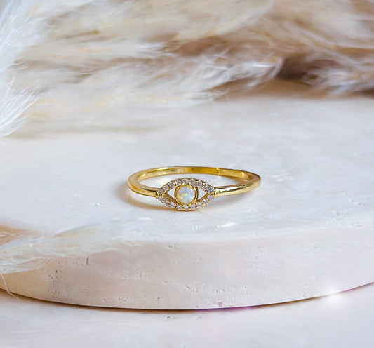evil eye ring 18k gold Opalite gemstone 