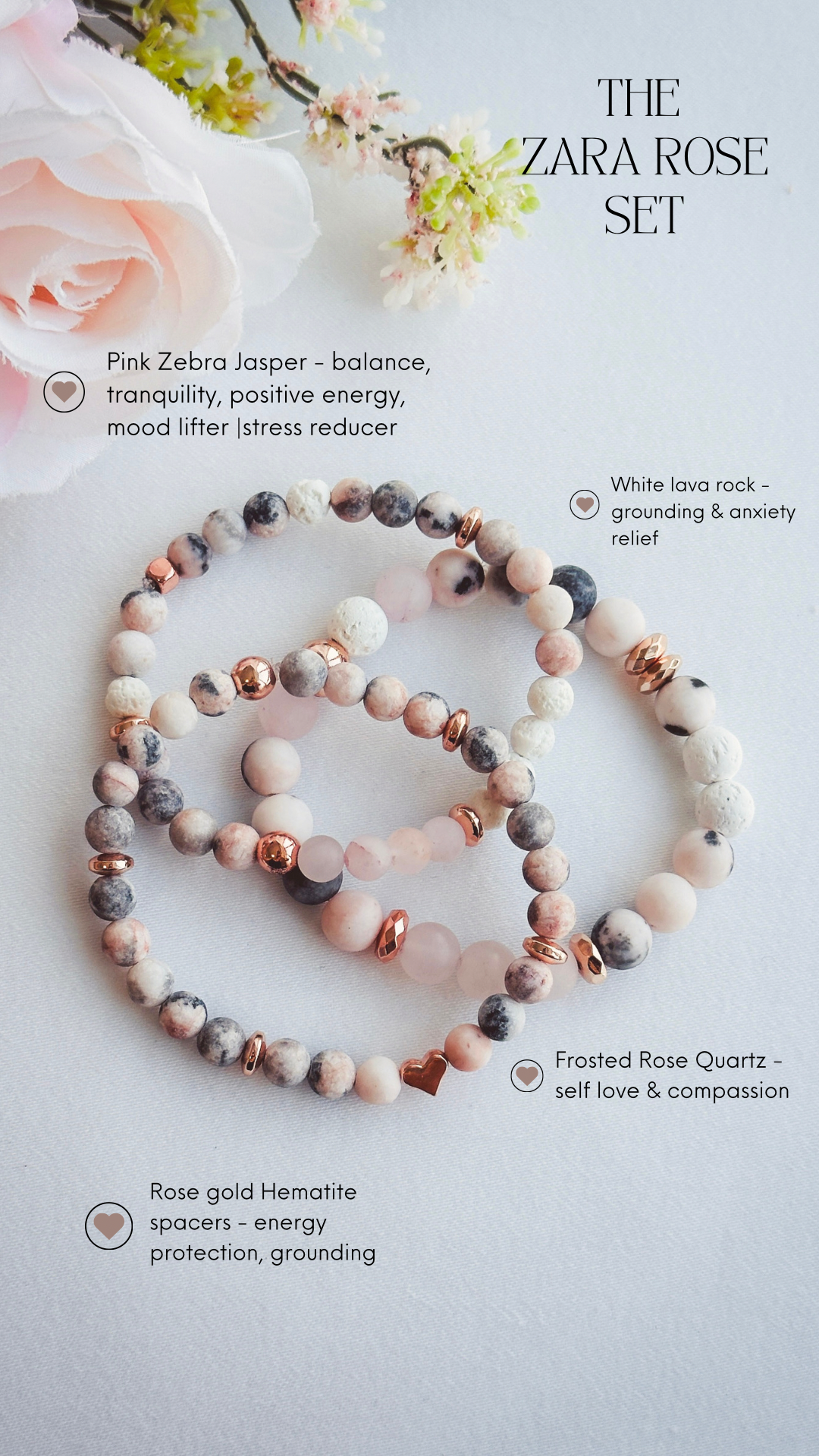 Elevate your senses with the ethereal "Zara Rose" gemstone bracelet stack, a divine fusion of Pink Zebra Jasper, frosted Rose Quartz, White Lava rock, and a delicate rose gold heart bead.