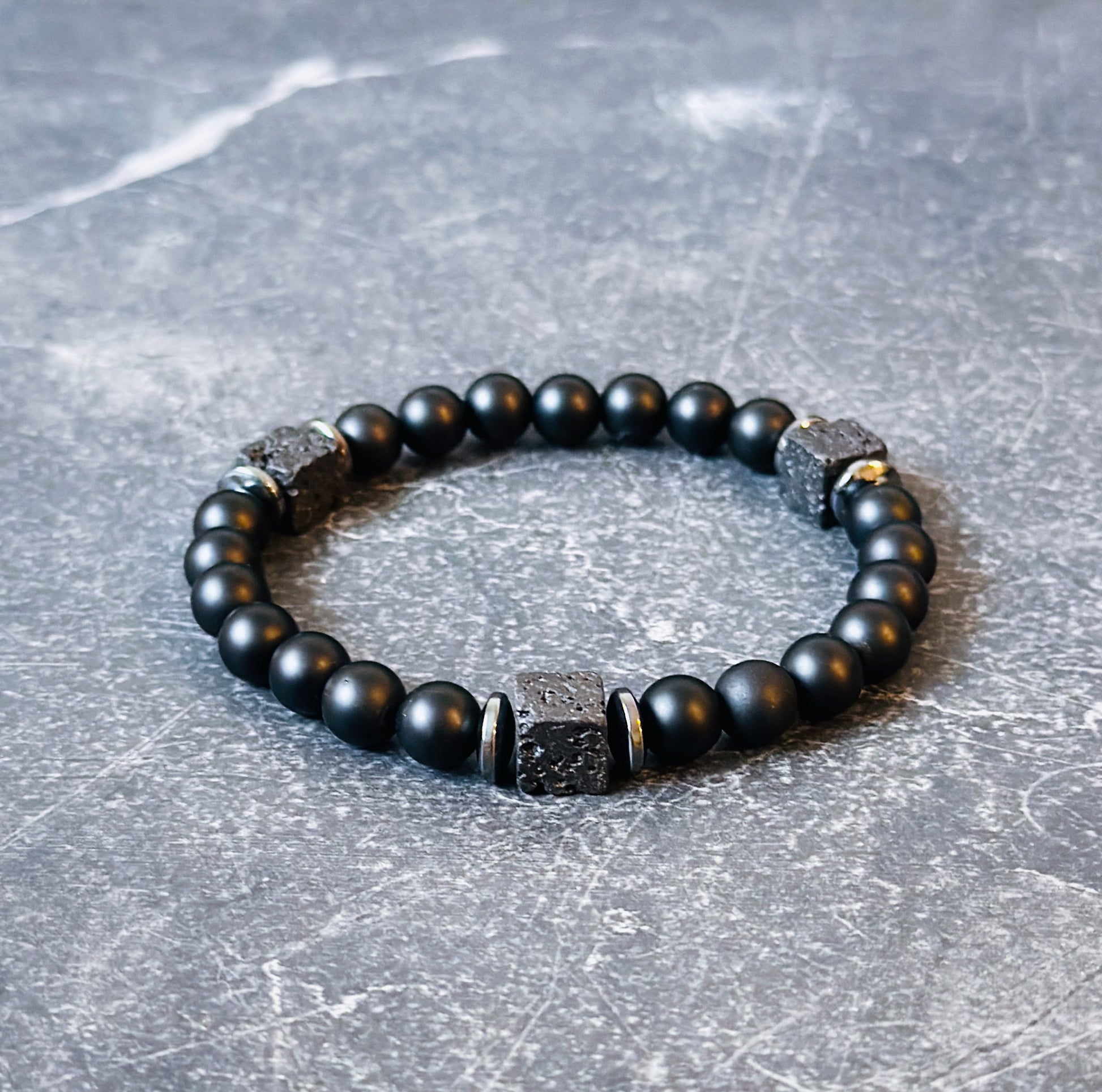 mens gemstone bracelet created  with Matte Onyx, Lava Rock  
