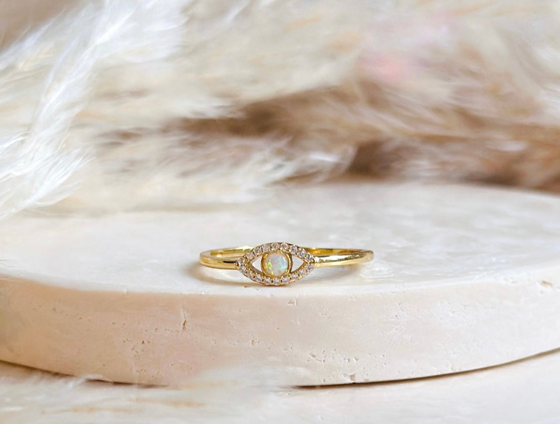 evil eye ring 18k gold Opalite gemstone