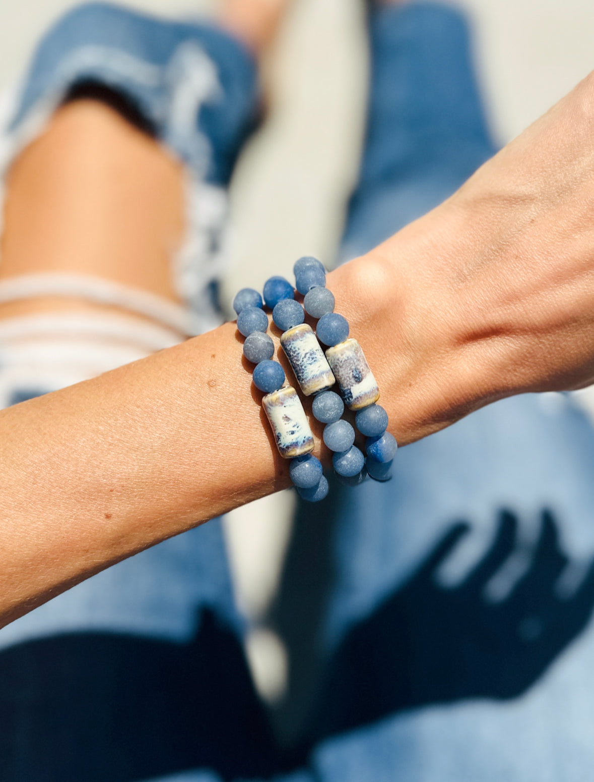 Blue Aventurine Bracelet with a ceramic Focal bead
