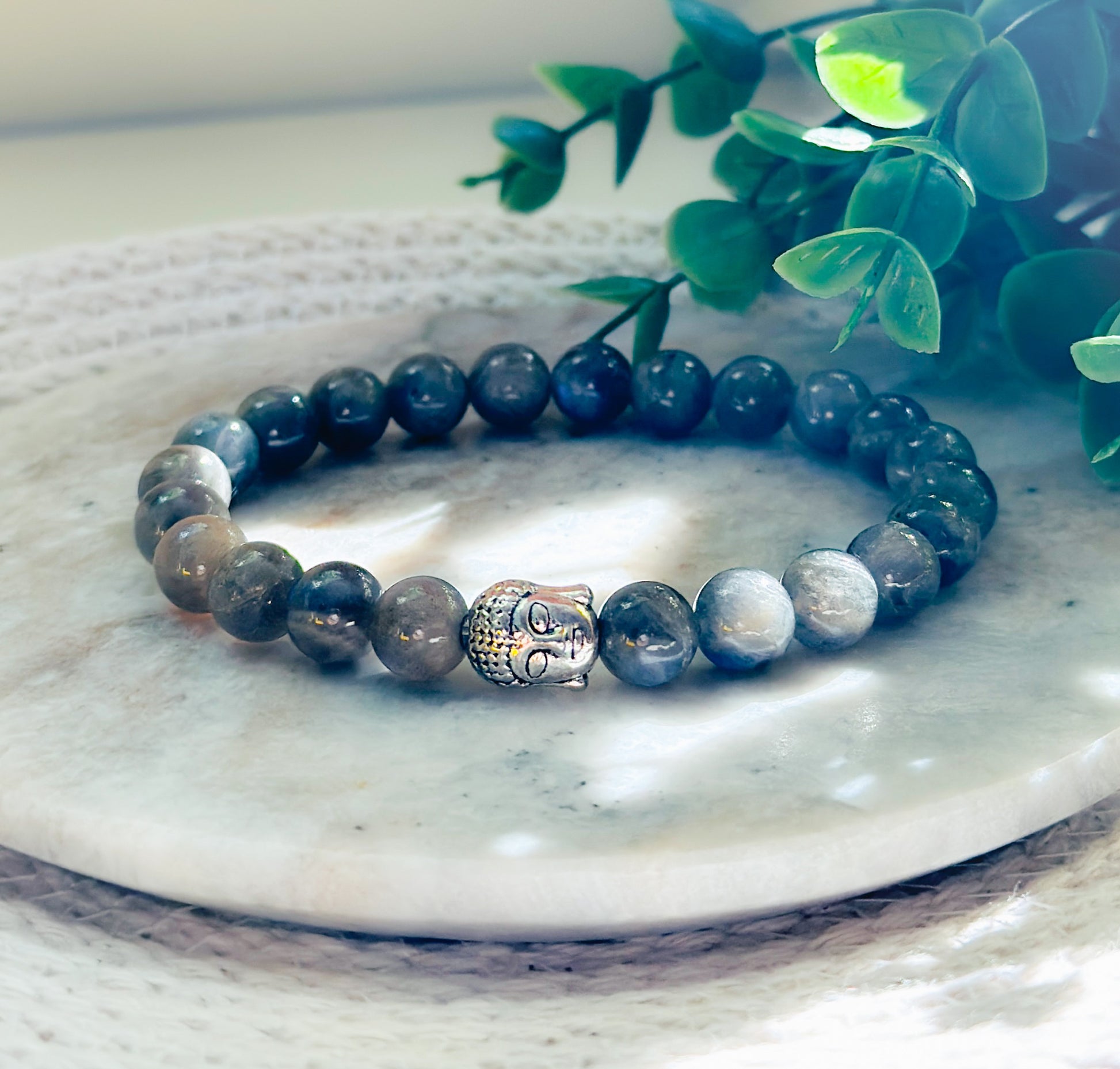 Labradorite gemstone and a Silver Buddha bead
