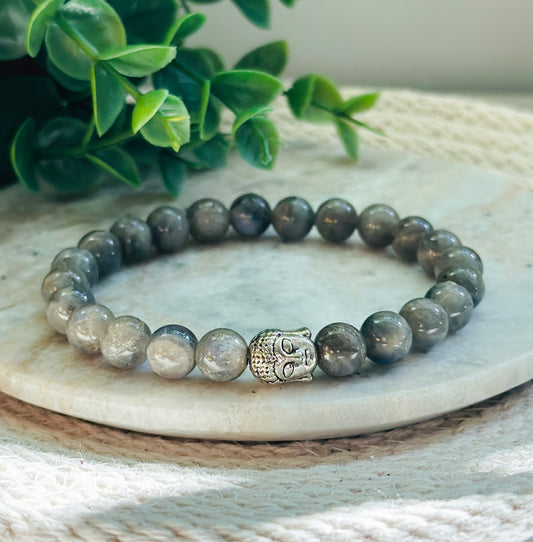 Labradorite gemstone and a Silver Buddha bead