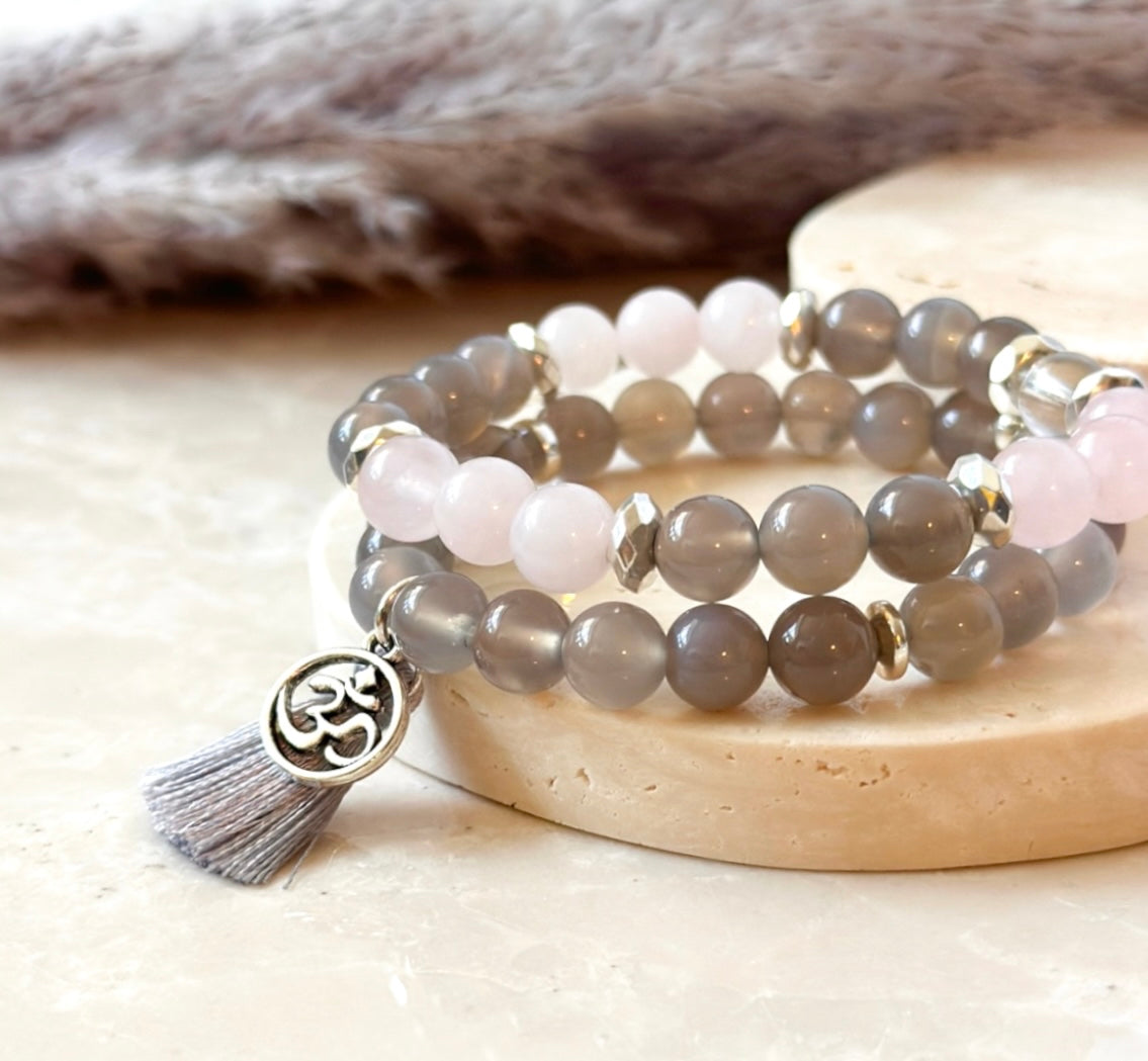 Grey Agate" Gemstone Bracelet Set, thoughtfully designed with Grey Agate and Rose Quartz, each chosen for their unique healing properties. Embrace the grounding energy of Grey Agate, known for its ability to bring harmony and balance to your life, while Rose Quartz radiates love, compassion, and self-care.

