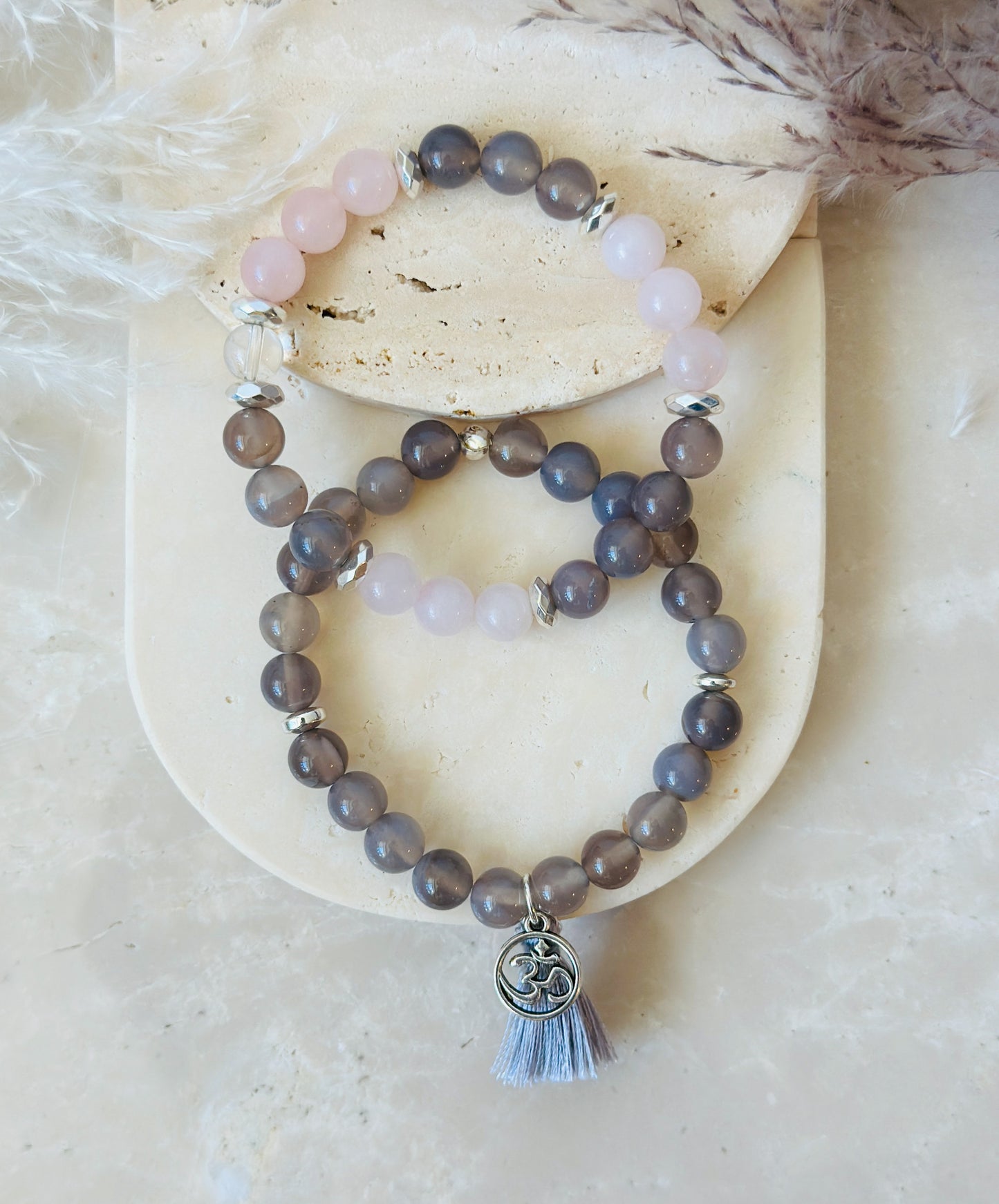 Grey Agate" Gemstone Bracelet Set, thoughtfully designed with Grey Agate and Rose Quartz, each chosen for their unique healing properties. Embrace the grounding energy of Grey Agate, known for its ability to bring harmony and balance to your life, while Rose Quartz radiates love, compassion, and self-care.

