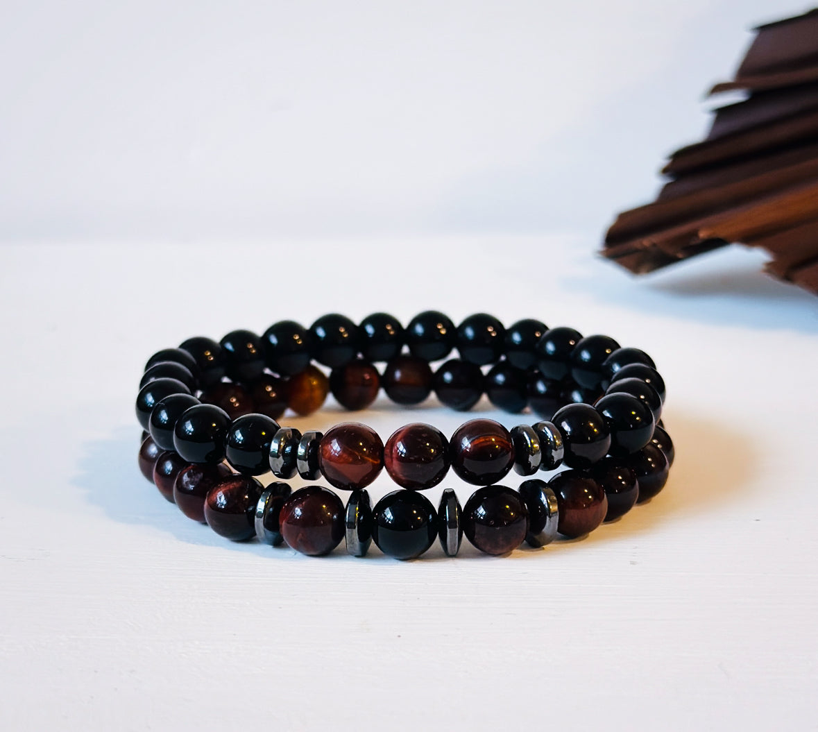 mens gemstone bracelet stack with Onyx and Red Tigers Eye